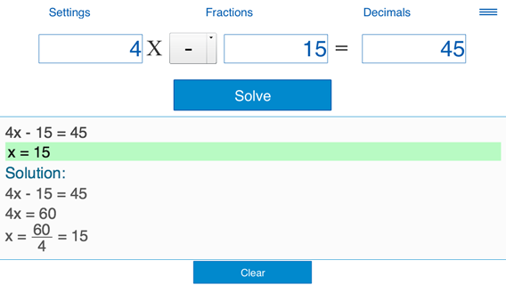 Solving linear equation 4x - 15 = 45