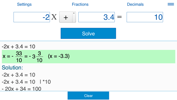 Solving linear equation -2x+3.4=10
