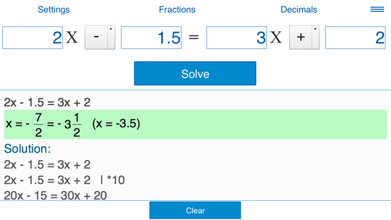 Solving linear equation 2x - 1.5 = 3x + 2