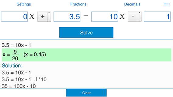Solving linear equation 3.5 = 10x -1