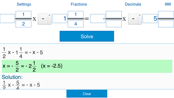 Solving linear equation 1/2x -1 1/4 = -x - 5