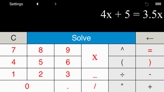 Solving linear equation 4x + 5 = 3.5x