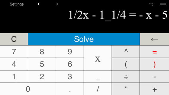 Solving linear equation 1/2x - 1_1/4 = -x - 5