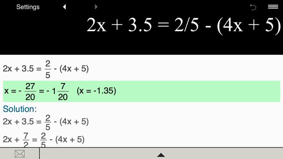 Solving linear equation 2x + 3.5 = 2/5 - (4x + 5)