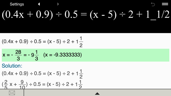 Solving linear equation (0.4x + 0.9)/0.5 = (x - 5)/2 + 1 1/2